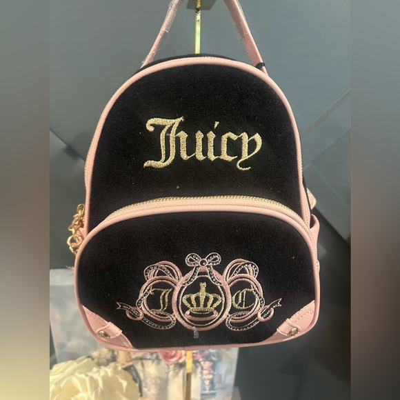 Juicy Couture Handbags - Juicy Couture Black and Pink Velvet Backpack with Gold Embroidery
